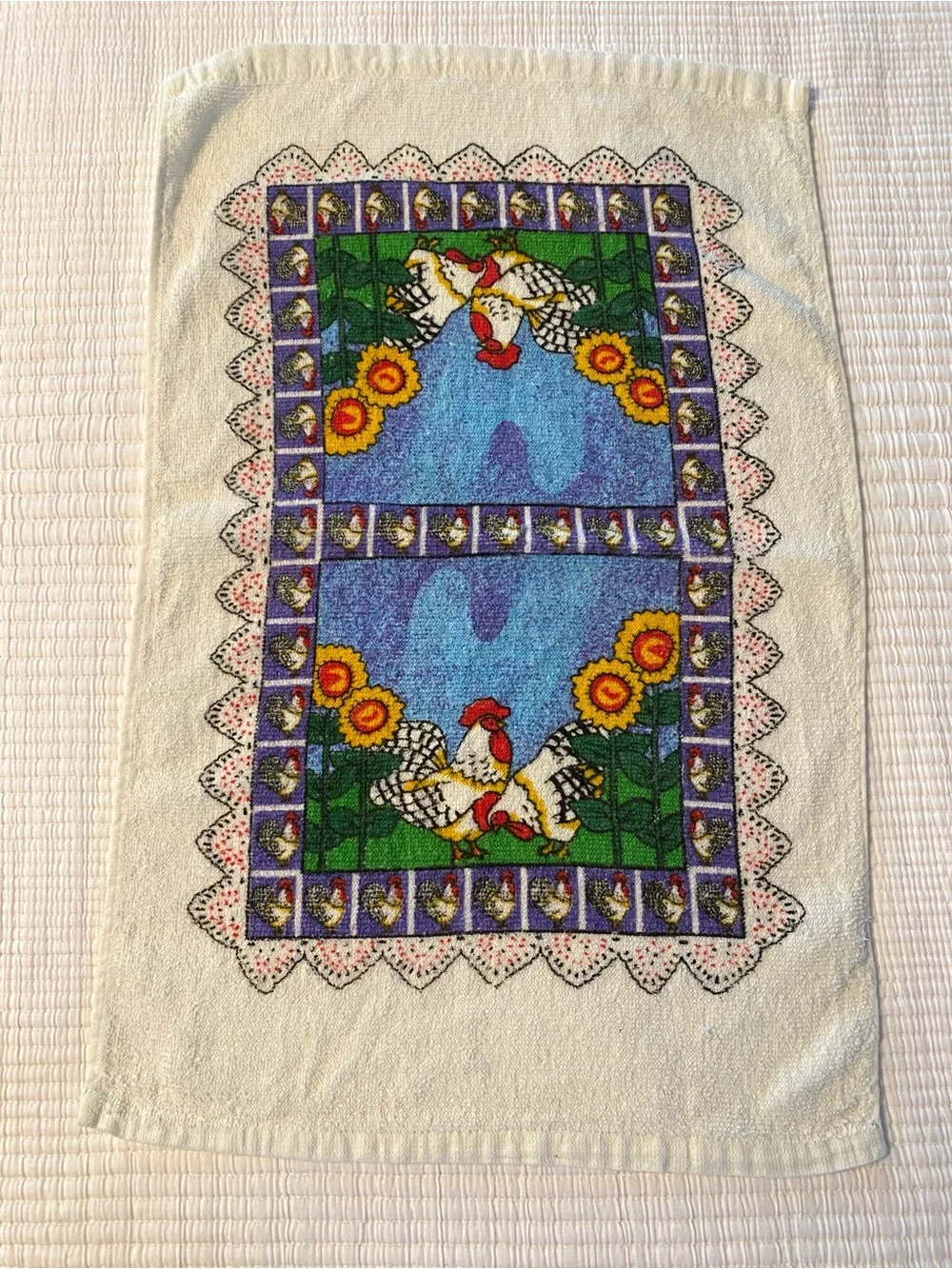 Vintage 1990s Teka Colorful Rooster Chicken Sunflower Kitchen Hand Towel